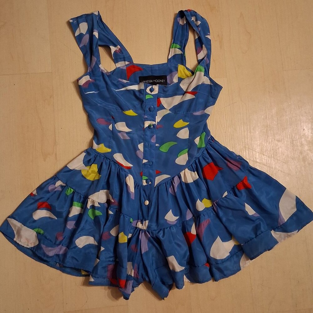 Vanessa Mooney silk blue abstract multicolor Elisabeth romper XXS gently worn